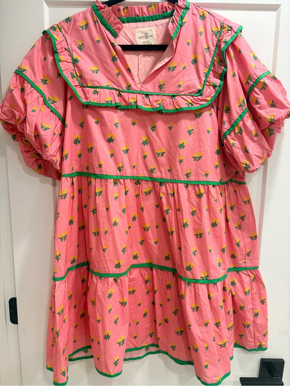 Umgee Pink Floral Tiered Dress with Green Trim